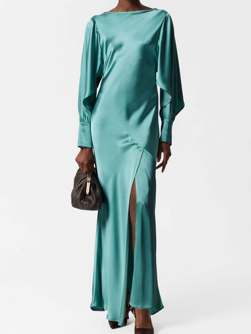 & Other Stories Long Sleeve Teal Satin Maxi Dress Size 6